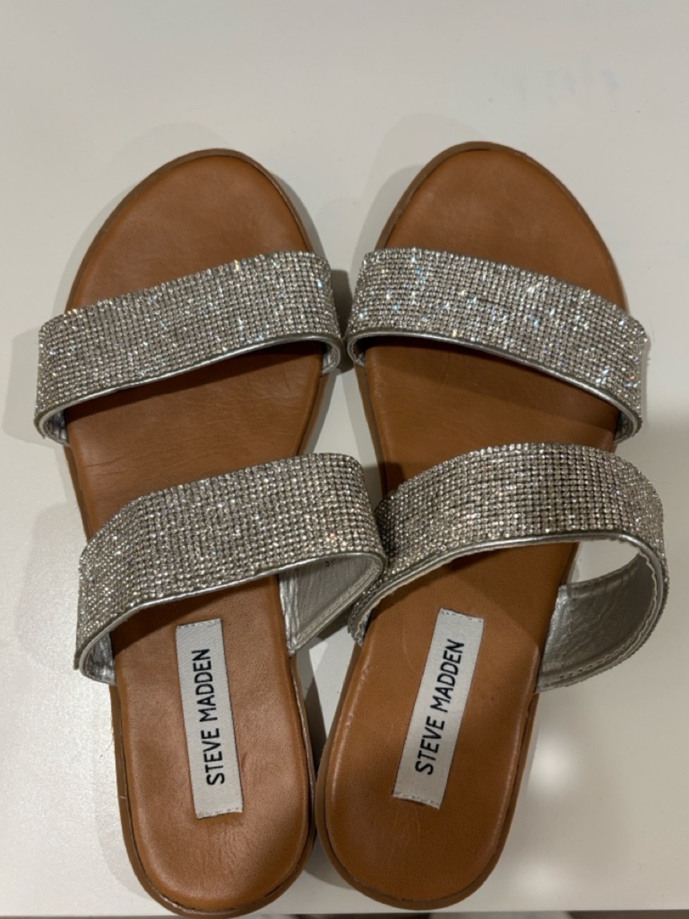 Steve Madden Crystal Double-Strap Slide Sandals in Silver and Tan